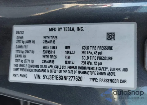 2022 Tesla Model 3 Long Range Dual Motor All-Wheel Drive from USA, damaged, VIN 5YJ3E1EBXNF277620
